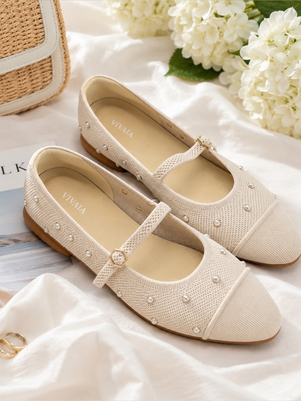 VIVAIA Pearl Embellished Mary Jane Flats Cream Knit EU 42 / US 11.5–12